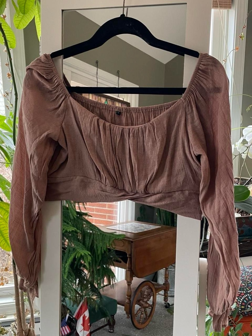 Brown off-the-shoulder peasant style top